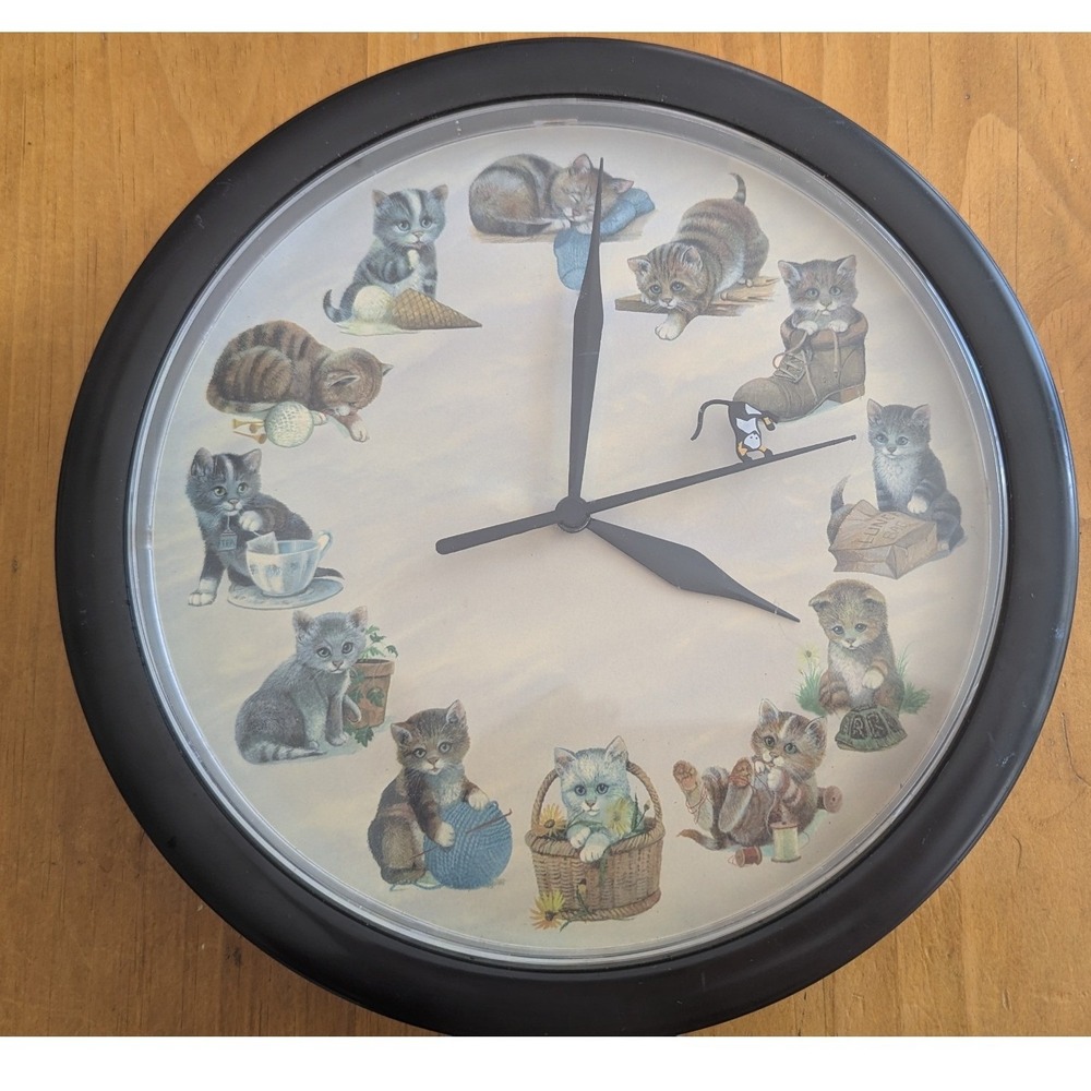 Vintage Style Kitten Wall Clock Black Round Analog Clock 10in